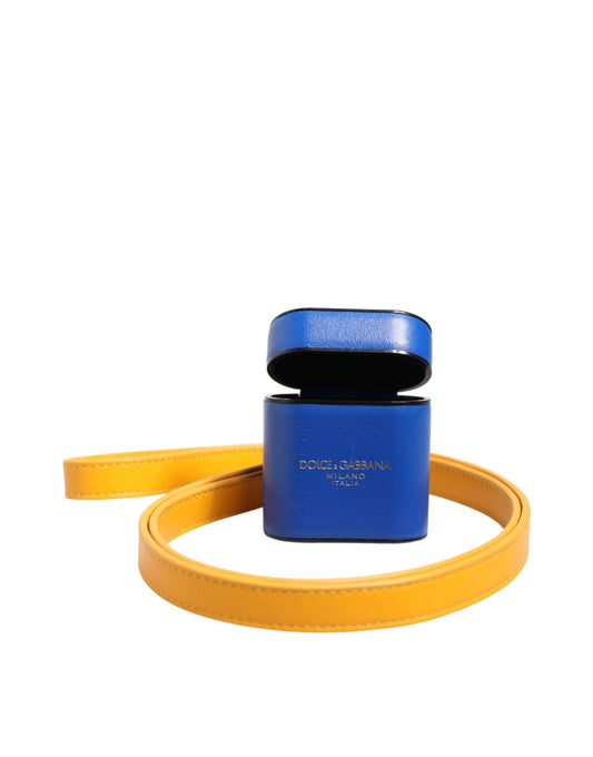 Blue Yellow Calfskin Leather Logo Strap Men Airpods Case