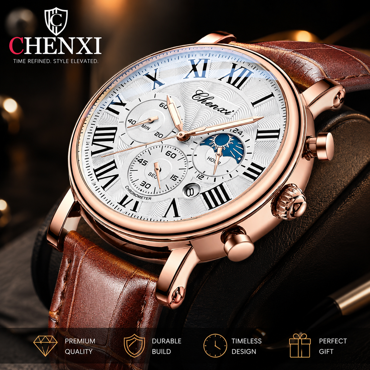 CHENXI Men's Luxury Quartz Watch — Leather Band, Luminous Hands & Waterproof Design