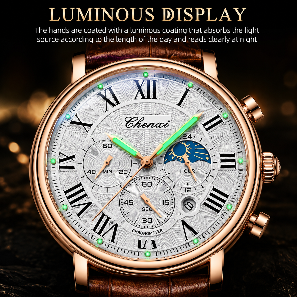 CHENXI Men's Luxury Quartz Watch — Leather Band, Luminous Hands & Waterproof Design