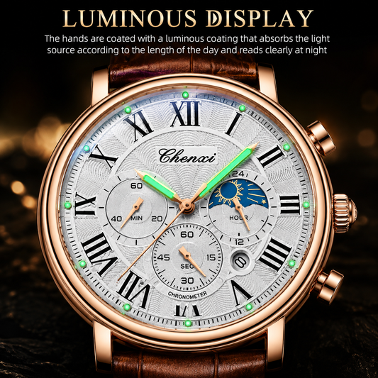 CHENXI Men's Luxury Quartz Watch — Leather Band, Luminous Hands & Waterproof Design