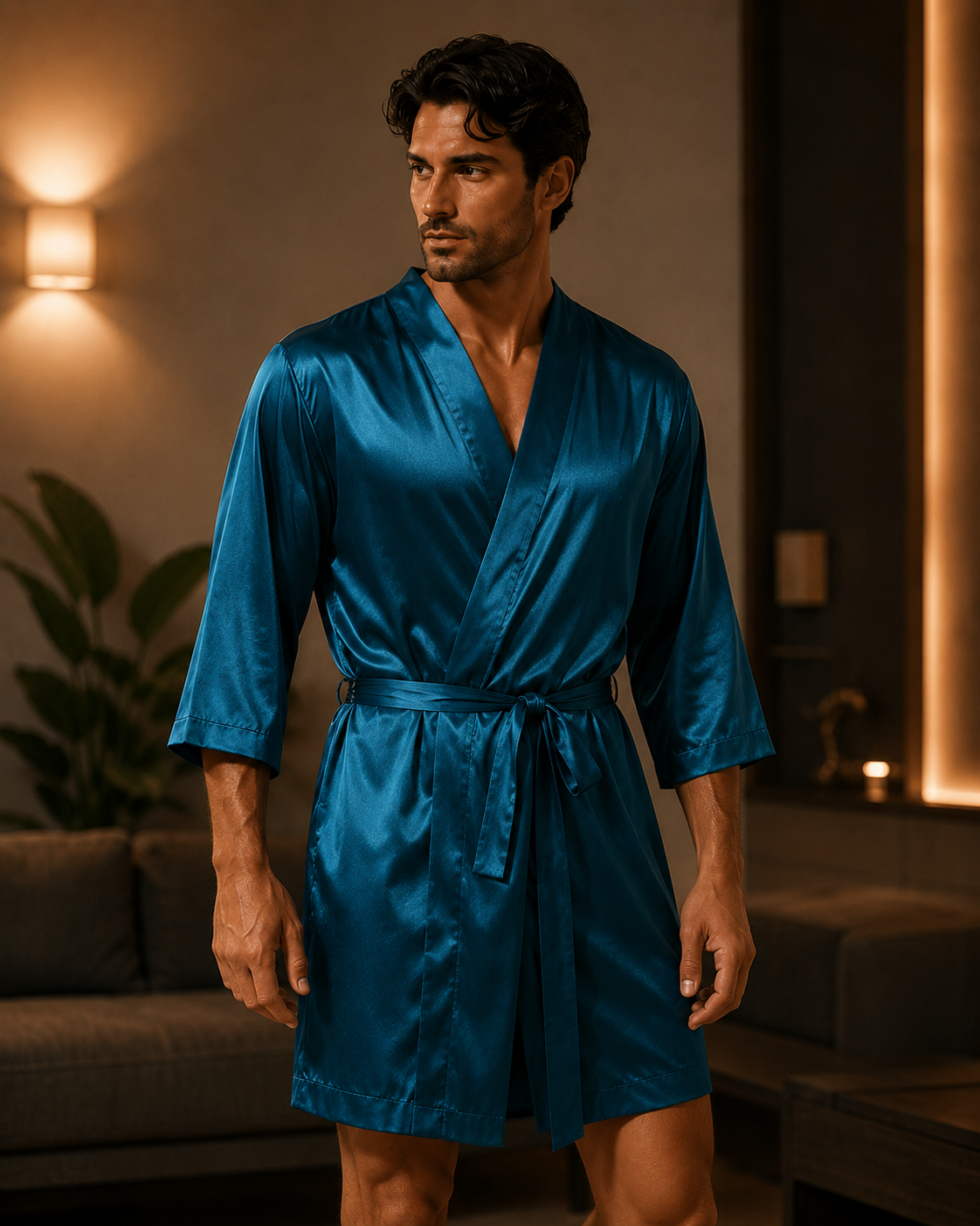 Men's Luxury Hooded Bathrobe – Silk Kimono Loungewear Robe