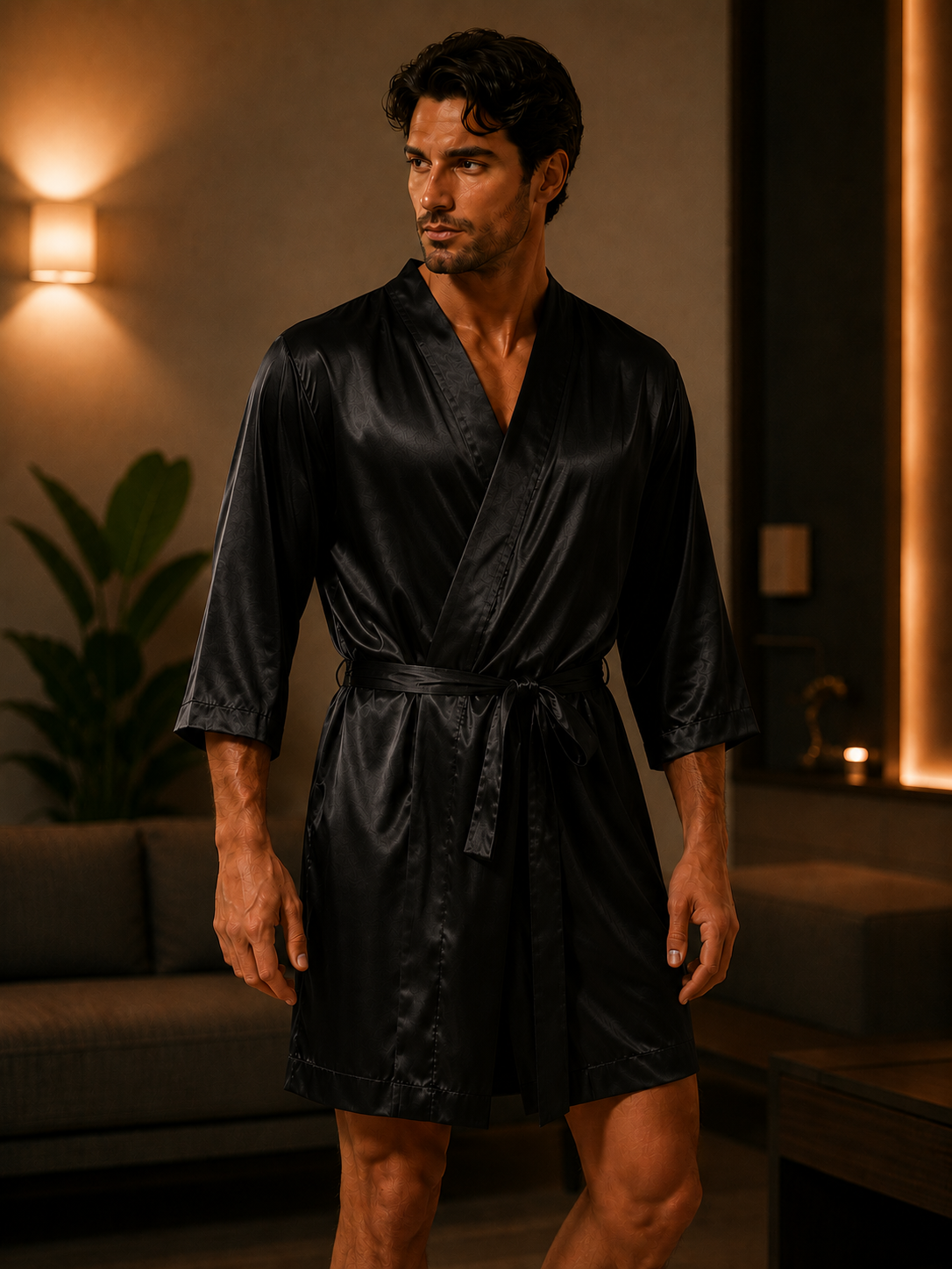 Men's Luxury Hooded Bathrobe – Silk Kimono Loungewear Robe