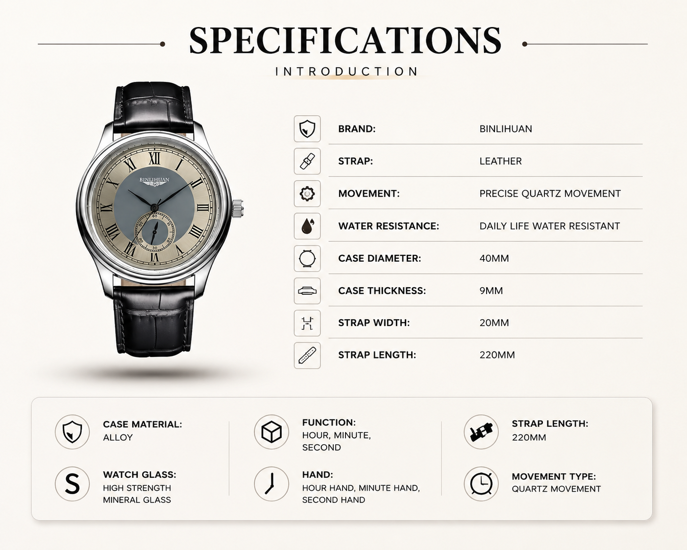 WLISTH Classic Luminous Quartz Watch – Leather Band, Waterproof